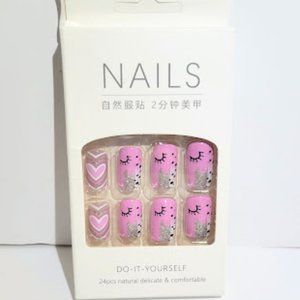 Set/24 Press On Med Square Coffin Nails Pink w/Eyelashes